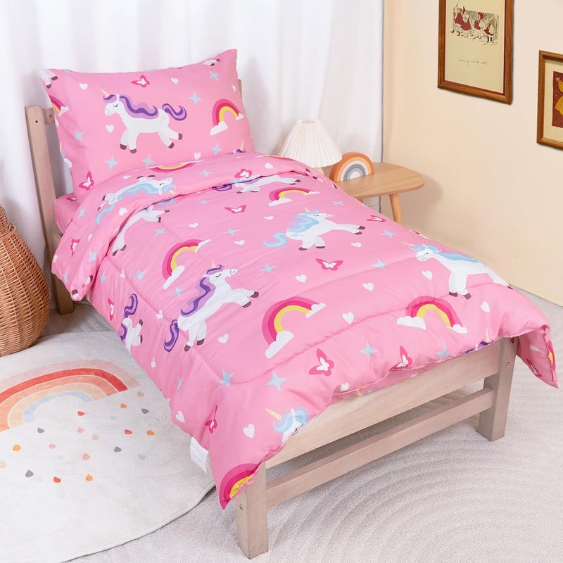 TinyPalsa Toddler Bedding Set, 4-Piece Pink Rainbow Pony Comforter Set for Girls and Boys, Breathable Crib Bedding Includes Ultra-Soft Quilt, Flat & Fitted Sheets, Pillowcase - Image 1